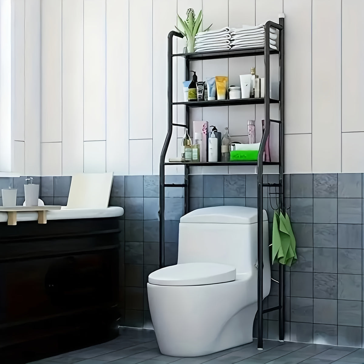 Over Toilet Storage Rack Metal Bathroom Organizer with Toilet Paper Holder and Hook Space Saving Above Toilet Shelf for Bathroom Laundry Room 3 or 4 Tier