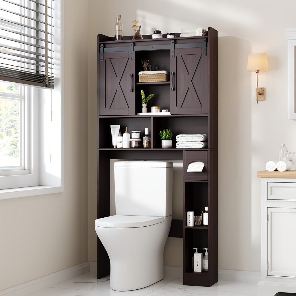 Farmhouse Over Toilet Cabinet with Sliding Doors Engineered Wood Adjustable Shelf Toilet Paper Holder Stand Space Saving Bathroom Storage No Wall Mount Multiple Colors