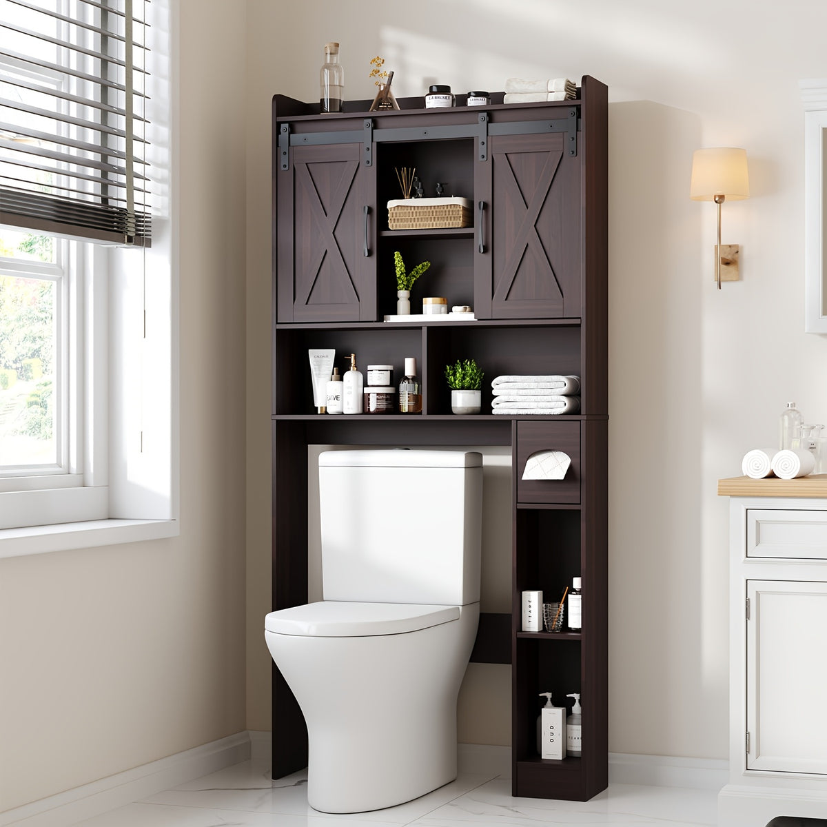 Farmhouse Over Toilet Cabinet with Sliding Doors Engineered Wood Adjustable Shelf Toilet Paper Holder Stand Space Saving Bathroom Storage No Wall Mount Multiple Colors