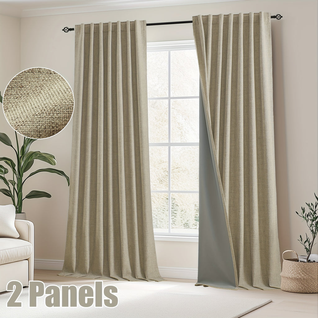 Faux Linen Blackout Curtains 2 Panels for Bedroom & Living Room – 100% Blackout, Back Tab & Rod Pocket, Thermal Insulated Farmhouse Drapes