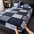 Velvet Fitted Sheet Geometric Checkered Flannel Microfiber Soft Skin-Friendly Machine Washable All-Season Twin Full Queen King Smoke Brown Rock Ash