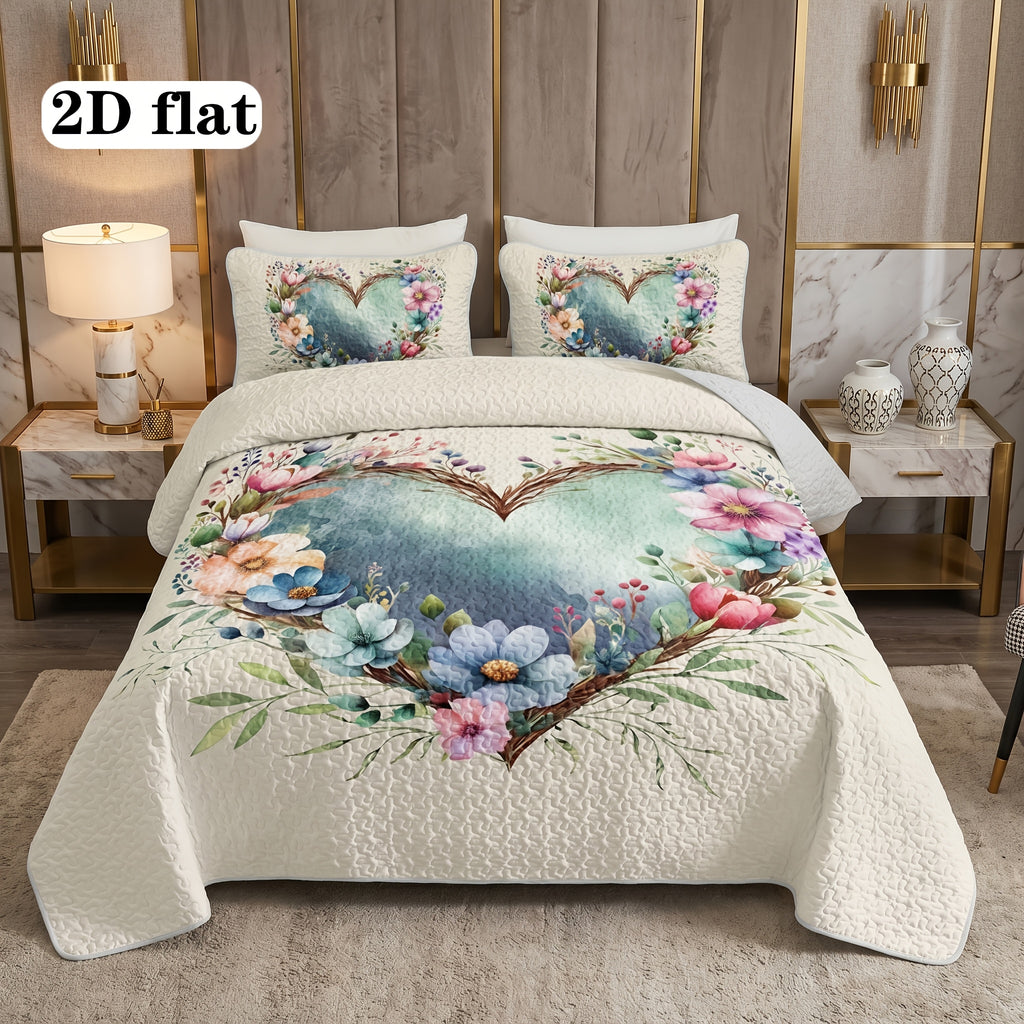 Quilted Quilt Set 2-3 Piece Floral Love Heart Print – Soft Breathable Hypoallergenic Bed Cover with Pillowcases for Twin Full Queen King, Multicolor Bedding