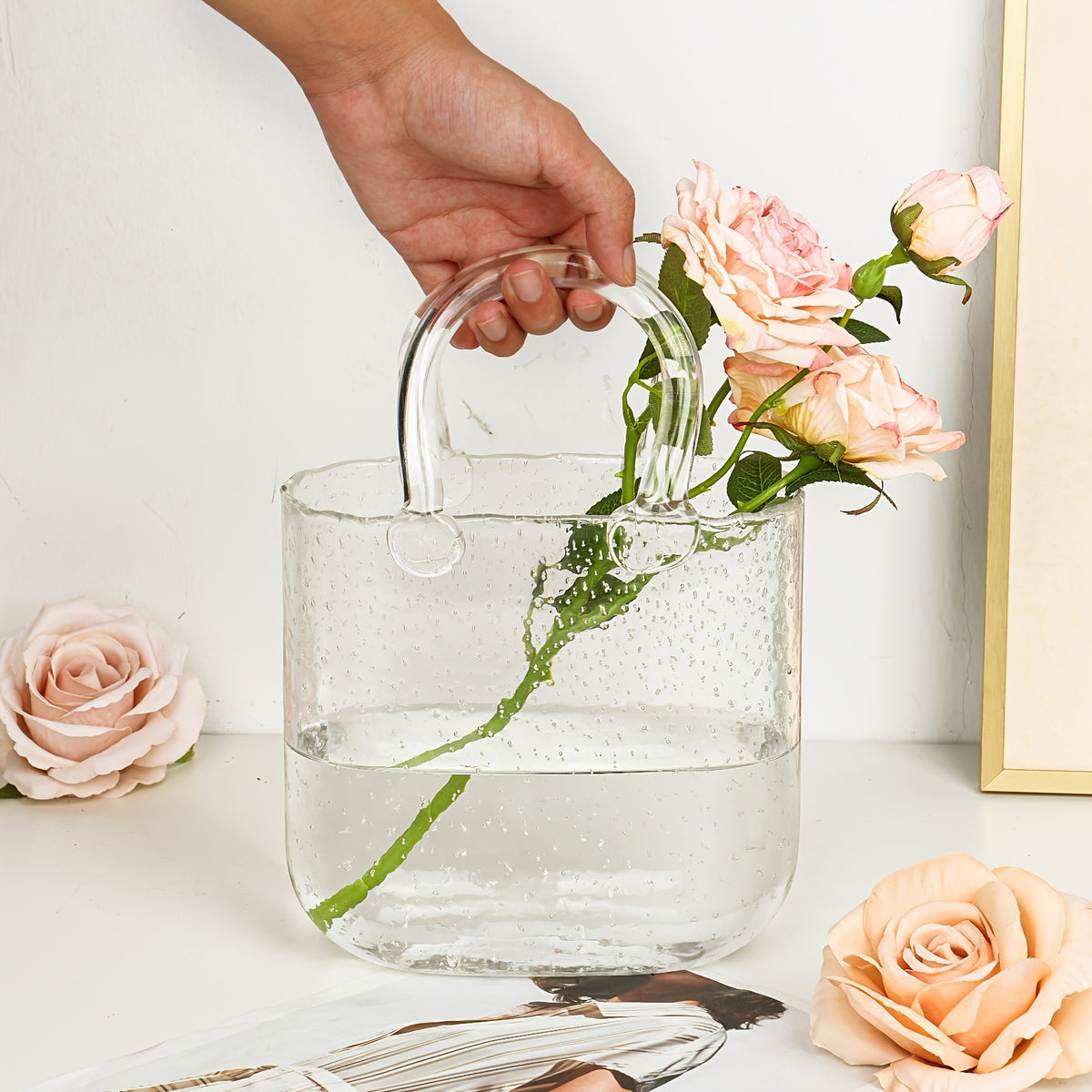 Glass Purse Vase Glow in the Dark with Bubble Handle Clear Bag Shape Flower Vase 7.7x3.9x10.4in Unique Centerpiece for Wedding Table Christmas Home Decor