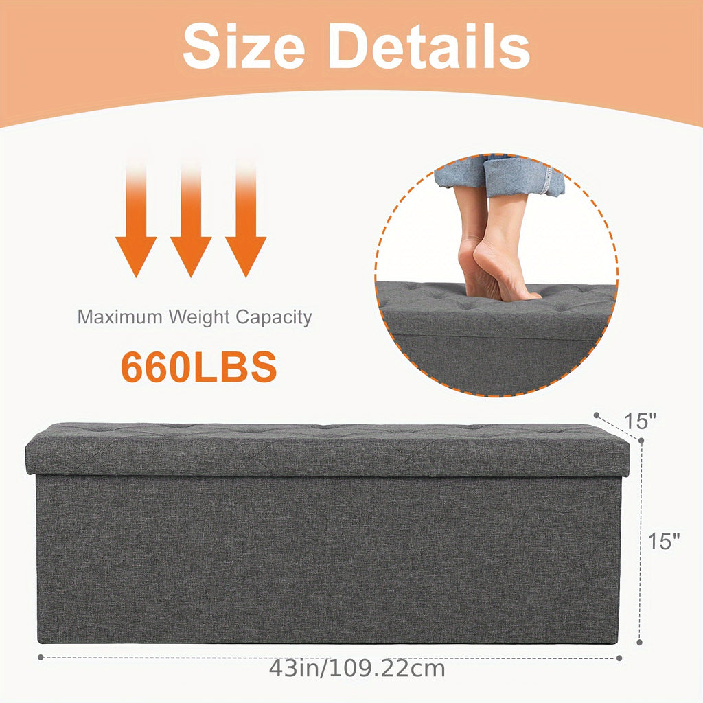 Folding Storage Ottoman Bench 660 lbs Capacity – Large End of Bed Chest with Padded Seat for Bedroom Living Room Entryway, 30 & 43 Inch, Multiple Colors