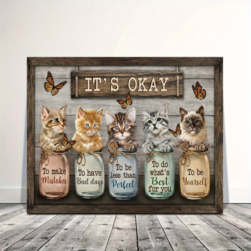 Whimsical Cat & Butterfly Framed Canvas Wall Art with Inspirational Quotes - Rustic Wood Frame, Cozy Home Decor for Living Room, Bedroom & Office, Unique Cat Lover Gift