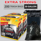 30 Gallon Trash Bags 200 Count Large Black Garbage Bags Bulk 4 Rolls Leak-Proof Ultra Strong for Kitchen Garden Industrial Commercial Home 113.5L