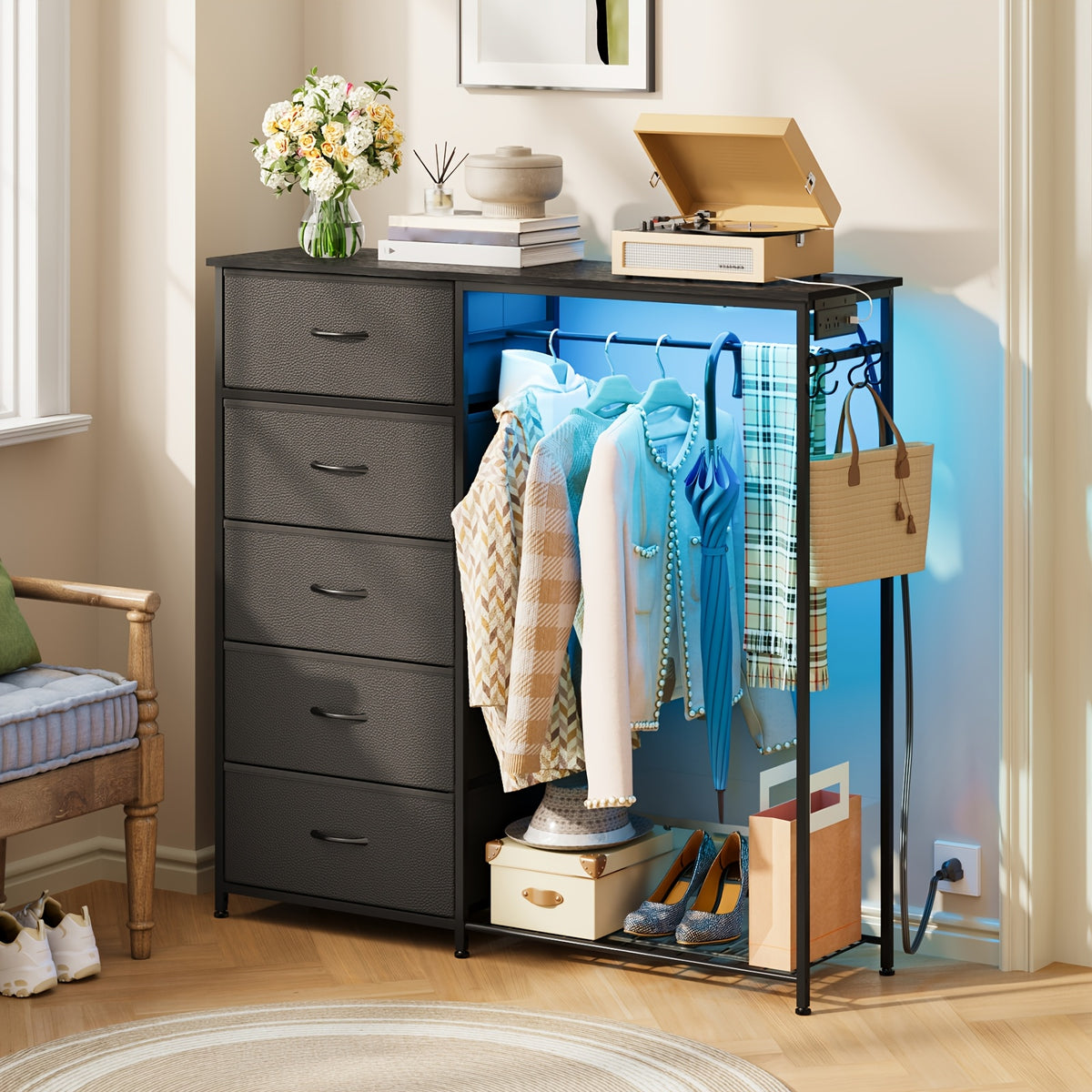 Fabric Dresser with Clothes Rack & Drawer Tower – 4 or 5 Drawers, Sturdy Frame, Optional LED Lighting & USB Charging Station for Bedroom