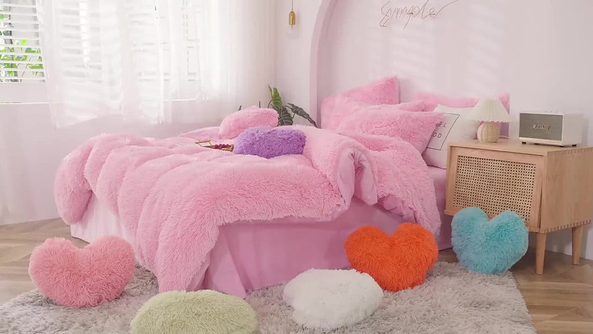 Plush Faux Fur Duvet Cover Set for Kids & Teens, 3/4 Pcs with Pillowcases & Heart Pillow, Super Soft Warm Faux Fur Comforter Cover, Machine Washable Lodge Style Bedding, Twin Queen King
