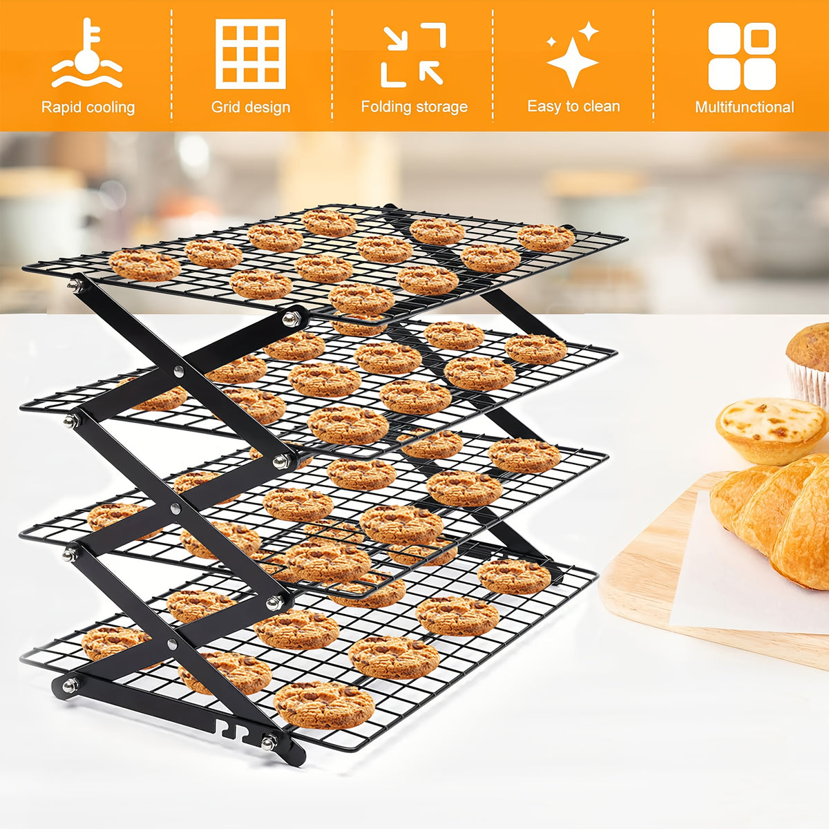 Foldable Cooling Rack Set with Baking Tools – Stackable Oven Cookie Cake Drying Rack, 3/4/5 Piece with Silicone Spatula, Egg Beater & More, Holiday Baking Gift