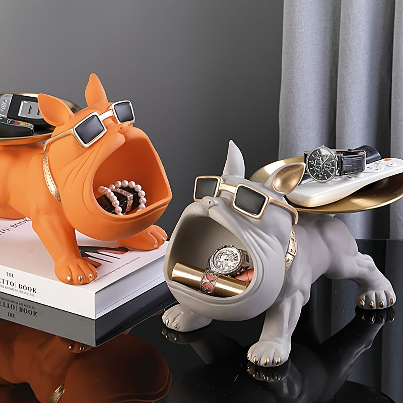 Decorative Resin Bulldog Tray Statue Modern Dog Figurine Key Tray Entryway Organizer Candy Jewelry Earring Tray Holder Home Office Dining Table Decor Desk Accent Christmas New Year Gift Dog Lover