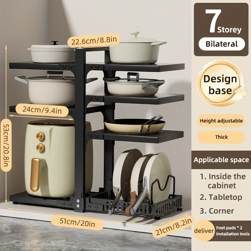 Kitchen Pot Rack Organizer – Multilayer Adjustable Metal Pan Holder, Cutting Board Storage, Detachable Shelves, Space-Saving Countertop Rack for Pots, Pans & Lids