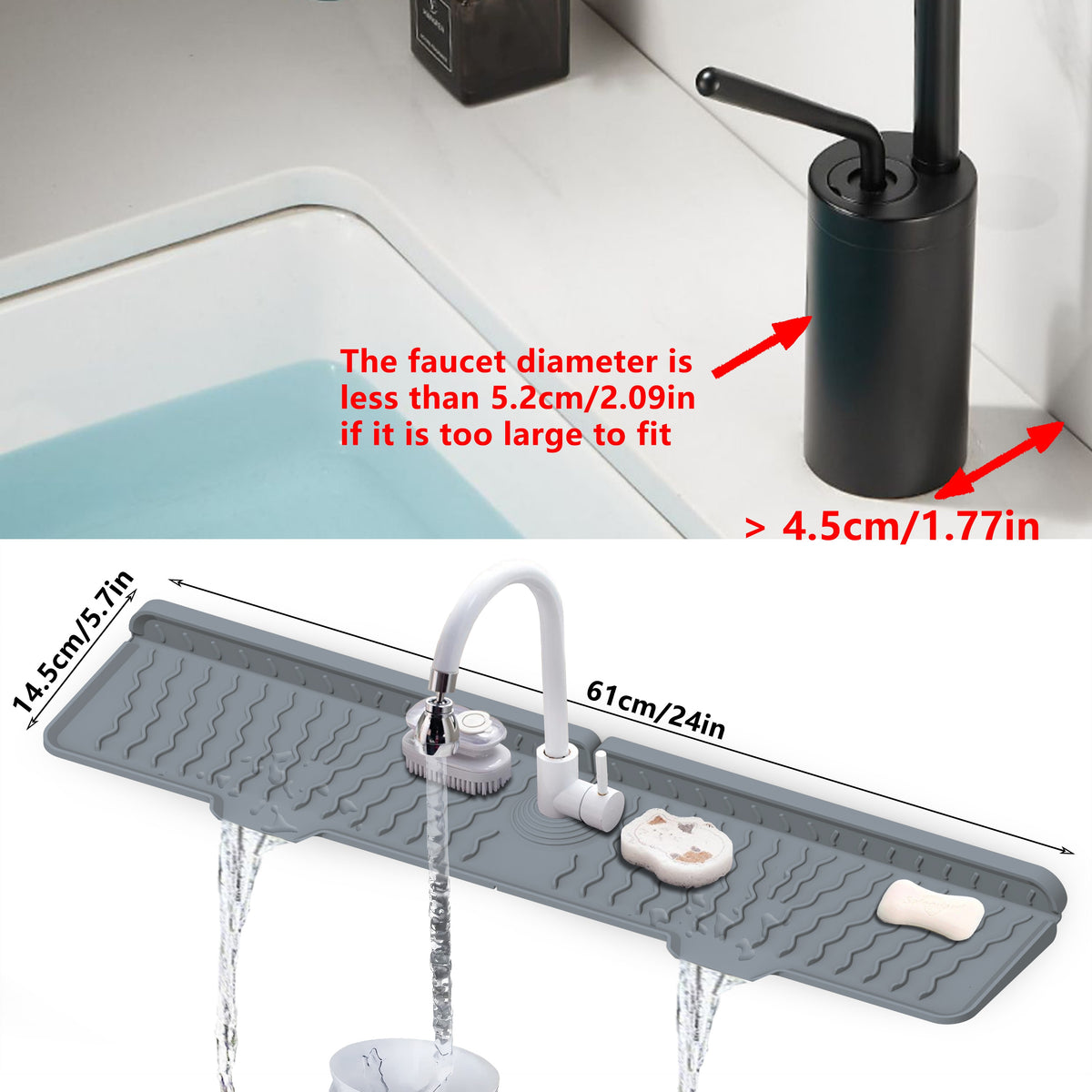Silicone Sink Drying Mat & Faucet Splash Pad with Sponge Holder – Wave Pattern, 5° Drainage Slope, Heat-Resistant, 3 Sizes & 3 Colors for Kitchen & Bathroom Counter