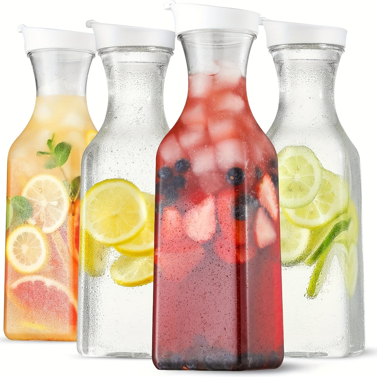50oz Clear Plastic Water Carafe with Flip-Top Lid, Set of 4 – Square Base Juice Pitcher for Water, Iced Tea, Cold Brew & Mimosa Bar (Hand Wash Only)