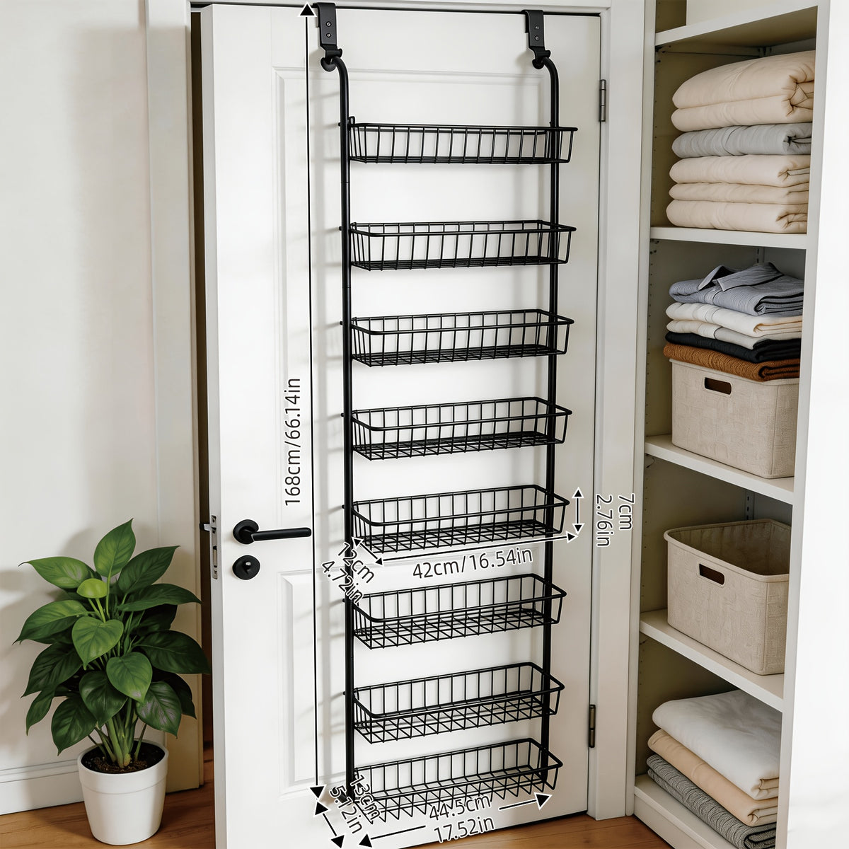 Over The Door Pantry Organizer 6 or 8-Tier, Metal Hanging Storage Shelf with Adjustable Baskets, Spice Rack for Kitchen, Pantry, Laundry & Bathroom, Door Mounted Utility Rack, Black or White