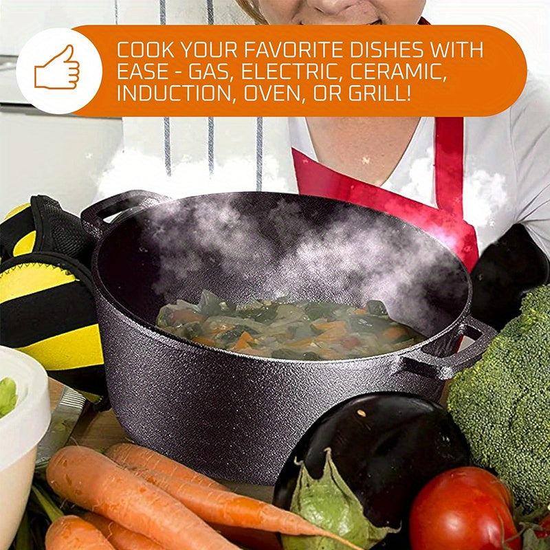 Cast Iron Dutch Oven Set 2-in-1 – 6.1QT Deep Pot & 1.9QT Frying Pan Lid, 6-Piece with Silicone Handles, Scraper & Iron Frame | Pre-Season Ready, Oven, Stove, BBQ & Induction Safe