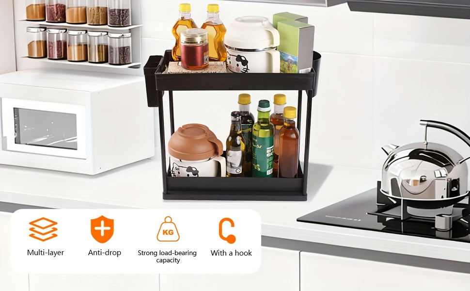 Bathroom Shelves Set of 2 – Punch-Free Retractable 2-Tier Storage Rack with Hooks & Hanging Cups for Bathroom, Kitchen & Laundry