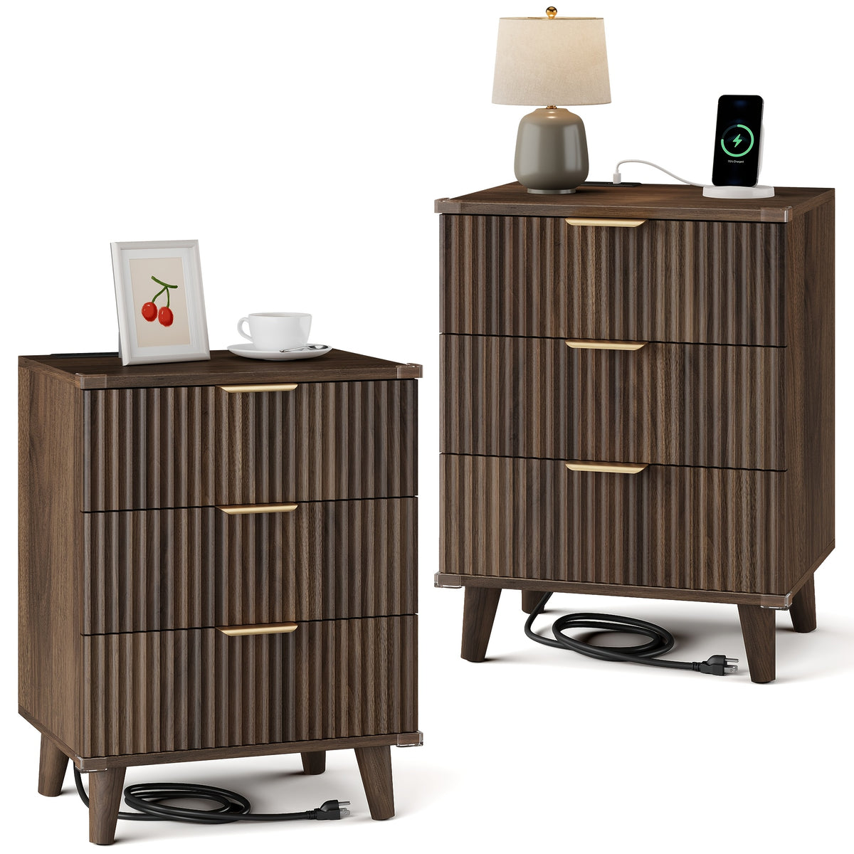 Nightstand with Charging Station – 3-Drawer Bedside Table with 2 USB Ports & 2 AC Outlets, Small Bedroom Side Table | Set of 1 or 2 | Wood, Black, White, Brown