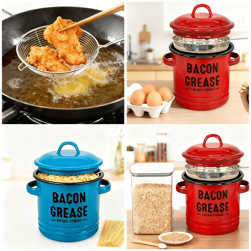 Enamel Cooking Grease Container with Fine-Mesh Strainer – Grease Saver & Oil Keeper with Spatula-Storing Handle, Farmhouse Kitchen Decor (Red or Blue)
