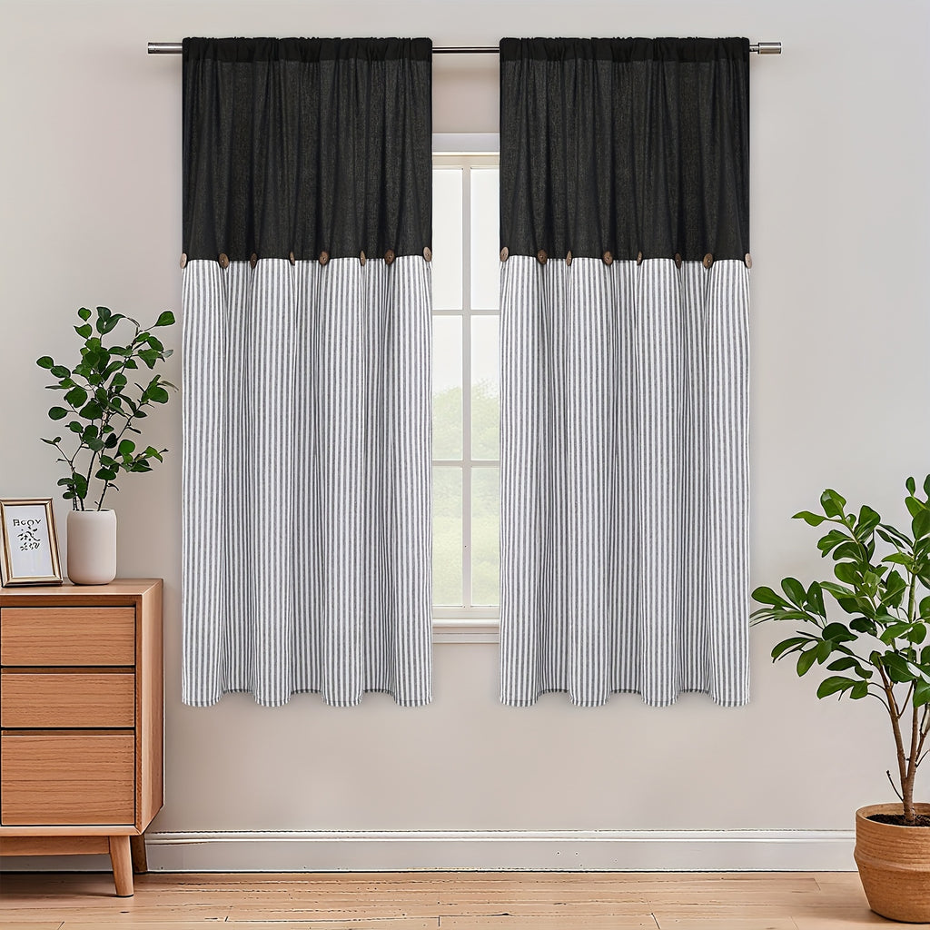 Striped Patchwork Semi-Sheer Rod Pocket Curtains – Bohemian Tiered Window Panels for Bedroom, Living Room, Kitchen, Bathroom & Cafe | 1 or 2 Pcs