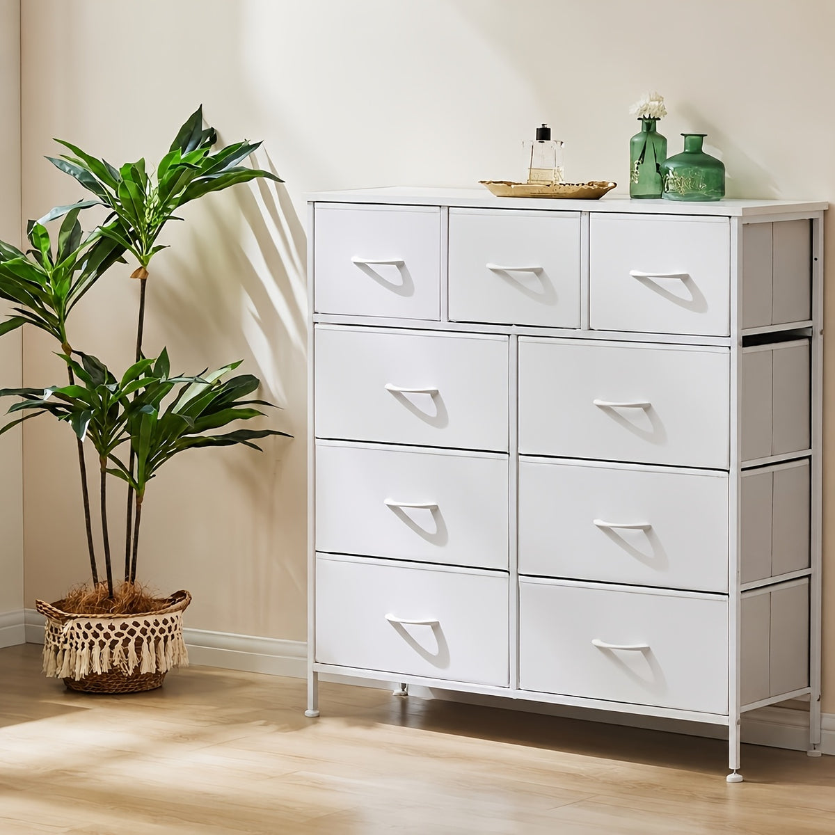 9 Drawer Fabric Dresser with Bins – Tall Chest of Drawers Organizer for Bedroom Closet Hallway Nursery, Steel Frame Wood Top Easy Pull Handles