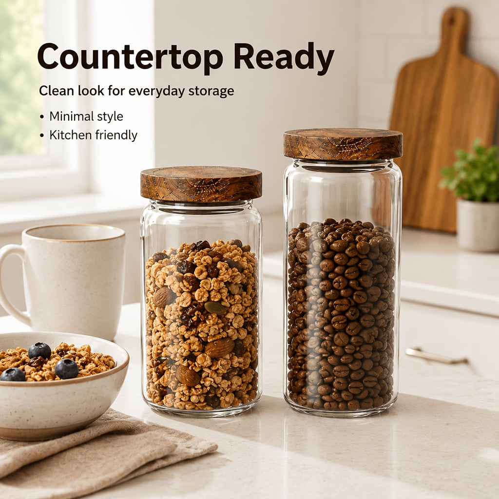 Glass Food Storage Jars with Wooden Lids 4-Piece Set – Airtight Transparent Kitchen Canister Set for Coffee Beans, Spices, Snacks & Dry Goods | 16/25/34/53 oz