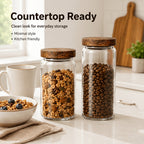 Glass Food Storage Jars with Wooden Lids 4-Piece Set – Airtight Transparent Kitchen Canister Set for Coffee Beans, Spices, Snacks & Dry Goods | 16/25/34/53 oz
