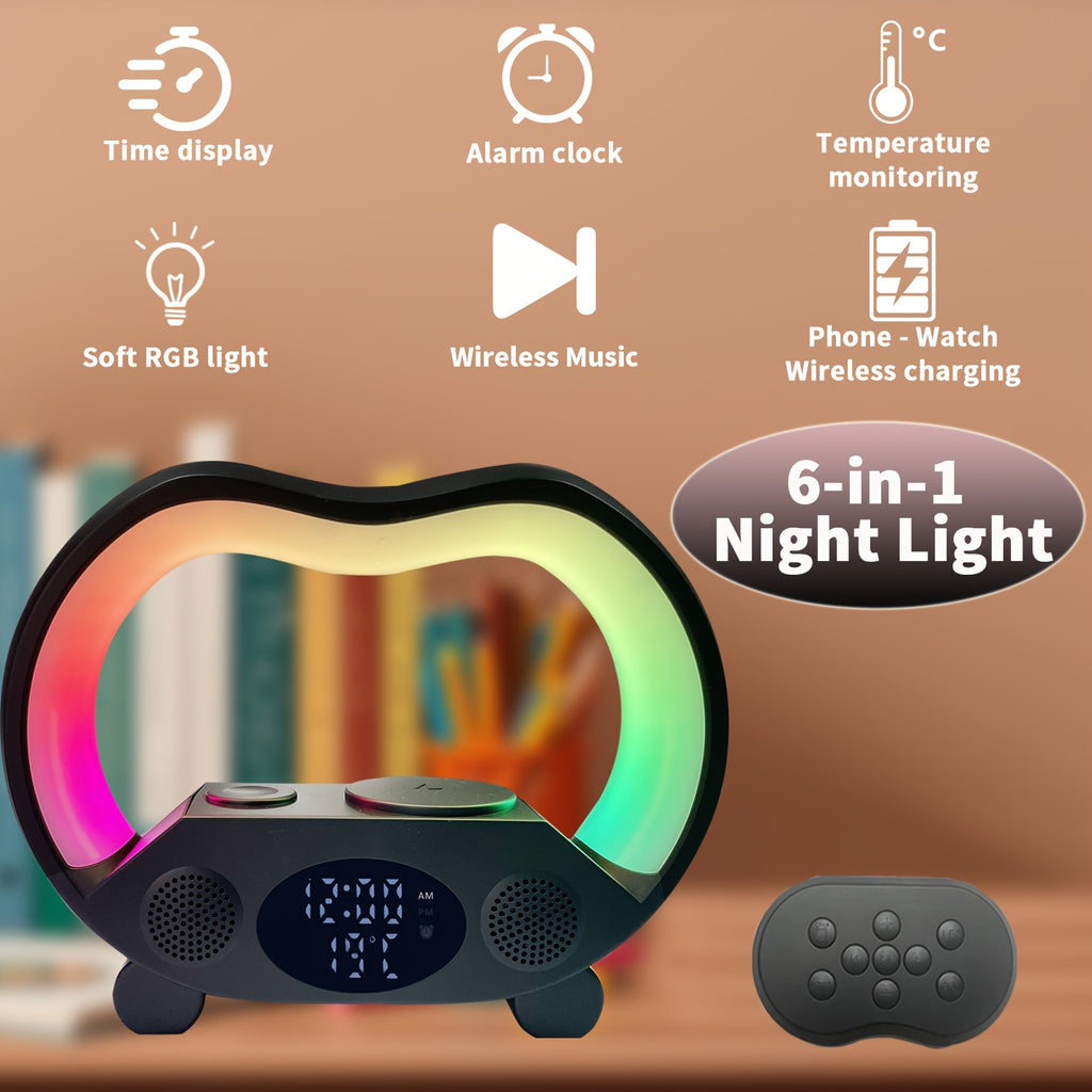 RGB Night Light 6 in 1 Wireless Speaker Alarm Clock Wireless Charging Phone Watch Temperature Display Bedroom Teen Gift Halloween Christmas Decor Black White