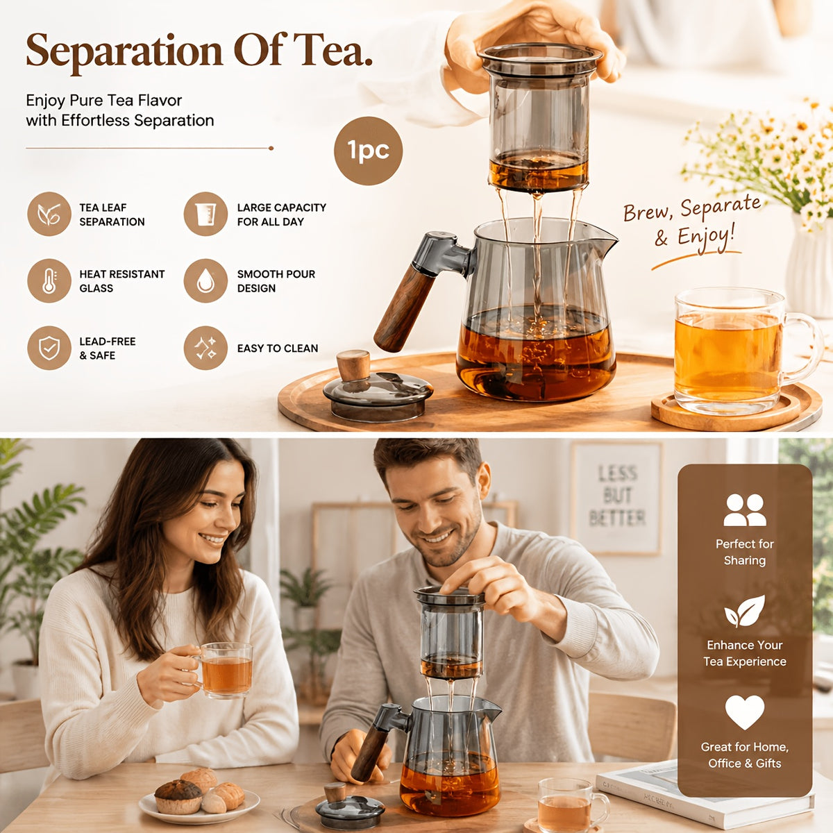 Glass Teapot and Coffee Pot with Handle & Filter – Transparent Stovetop Tea Kettle for Loose Leaf Tea, Herbal Tea & Coffee, Borosilicate Glass, Kitchen Brew Pot