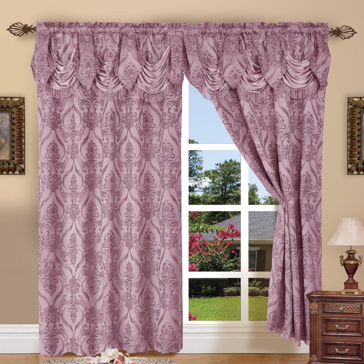 Penelope Jacquard Curtains with Attached Waterfall Valance – 2 Panel Luxury Room Darkening Rod Pocket Curtain Set, 54x84 Inch, Machine Washable for Living Room Bedroom Study Home Office