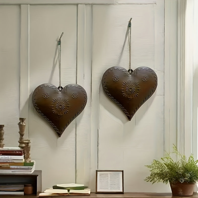 Metal Heart Wall Decor Set of 2 – Bohemian Rustic Iron Heart Wall Hangings with Chain & Rope for Farmhouse, Outdoor, Wedding & Valentine's Day Decor – Vintage Boho Wall Art No Tools Required