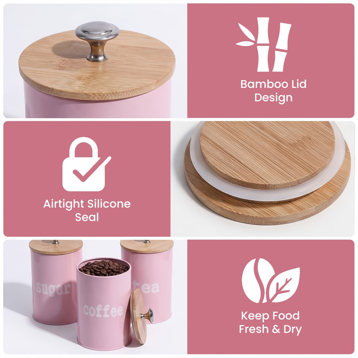 Airtight Coffee Canisters Set of 3 with CO2 Valve - Stainless Steel Coffee Container with Bamboo Lid, Espresso Bean & Ground Coffee Storage, Kitchen Barista Organizer Canisters