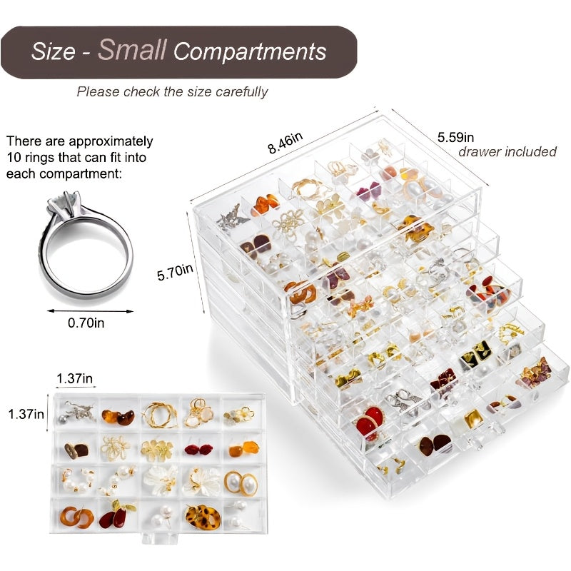 Jewelry Organizer Box Acrylic Clear with 5 Drawers & 120 Compartments, Transparent Earring Storage Box Ring Holder Display Stand for Women, Earring Organizer Jewelry Box