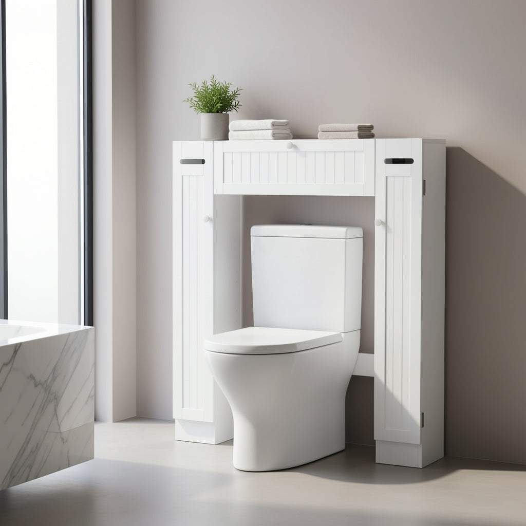 Over Toilet Storage Cabinet White Bathroom Cabinet with Toilet Paper Holder Adjustable Shelves Two Side Doors and Pull-Down Door Space Saving Bathroom Organizer