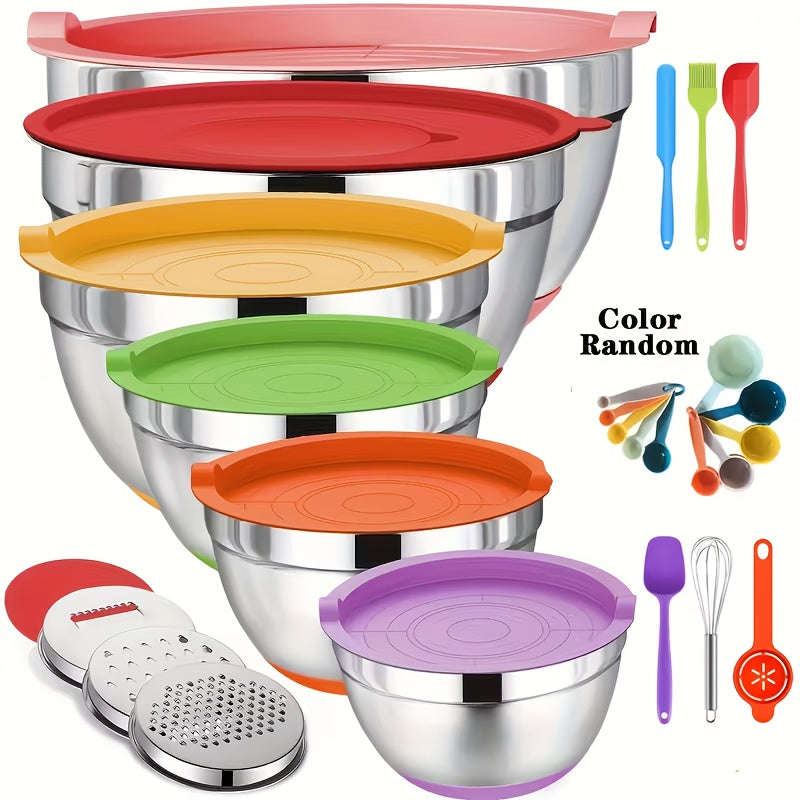 26-Piece Stainless Steel Mixing Bowl Set with Lids & Kitchen Tools – 6 Bowls (1.1–4.5 QT), Anti-Slip Silicone Base, Ideal for Baking, Salad & Meal Prep