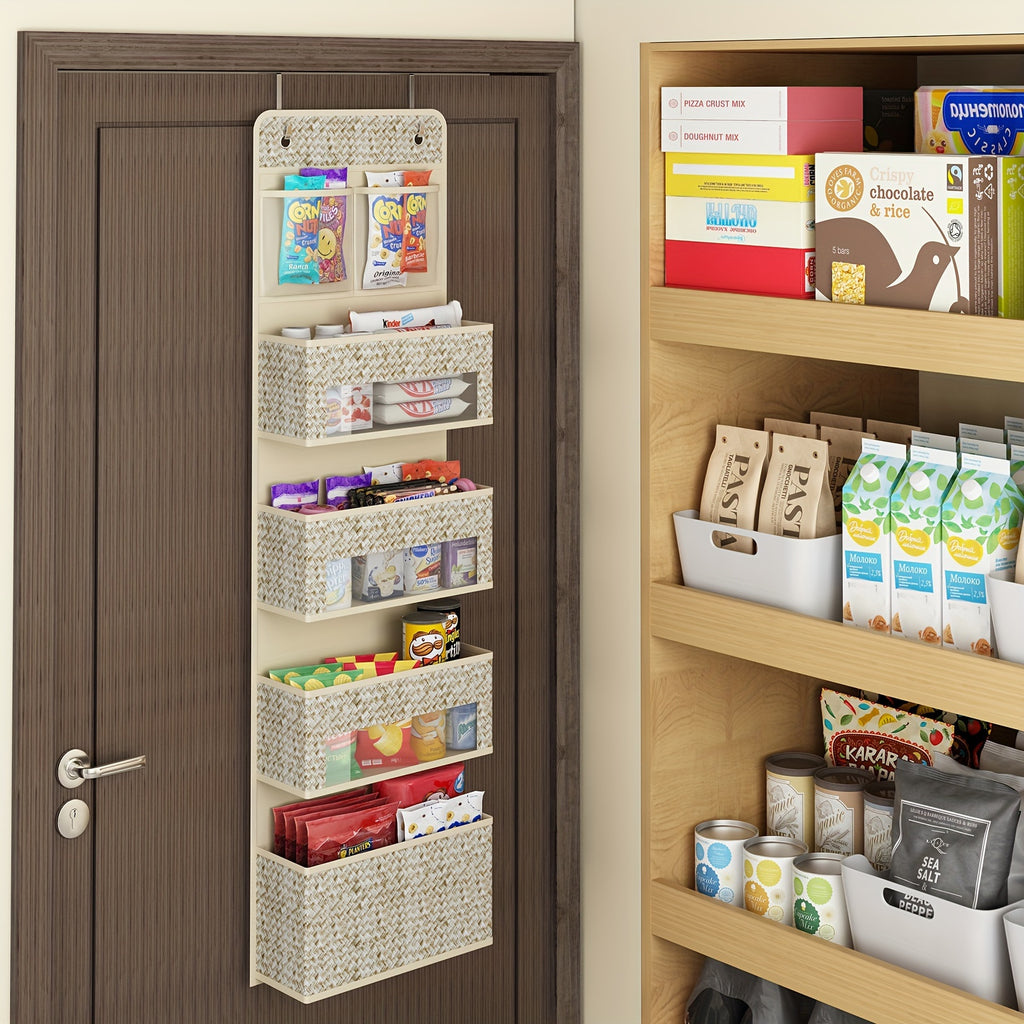 Over-The-Door Hanging Organizer – Set of 2, 5-Shelf with 4 Clear Plastic Pockets, Beige Utility Rack for Closet, Bedroom & Bathroom Storage