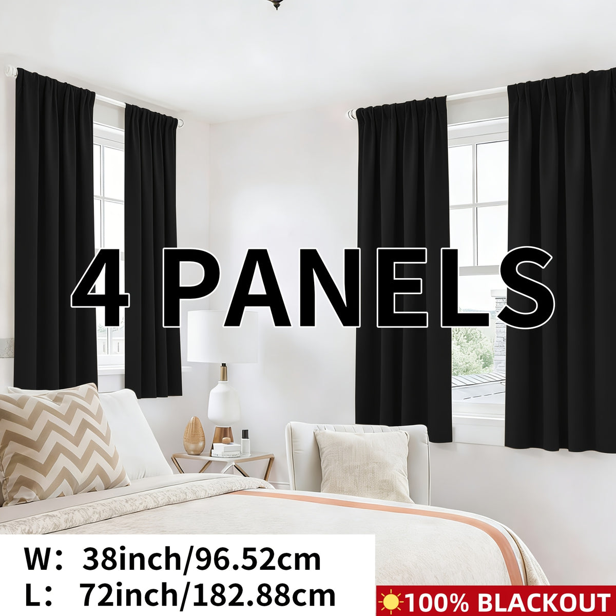 Blackout Curtains Rod Pocket 4-Panel Solid Color Lightweight Matte Drapes | 100% Light Blocking Window Curtains for Bedroom Living Room, 9 Colors 5 Sizes