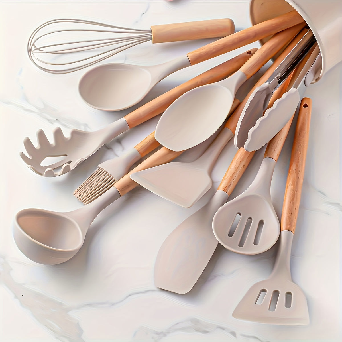 Silicone Kitchen Utensil Set 12 Piece with Wooden Handles - Non-Stick Heat Resistant Cooking Tools for Home, Dorm & Baking, Colorful Kitchen Gadgets Gift Set