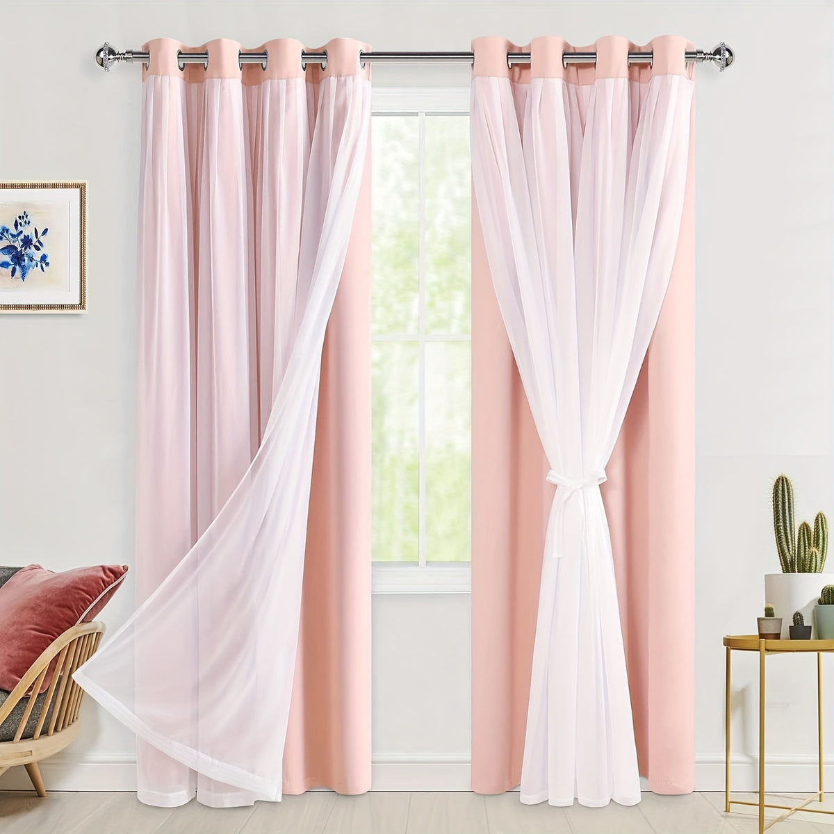 Double Layer Blackout Curtains with Sheer Overlay 2 Panels - Grommet Top Thermal Insulated Mix & Match Window Drapes with Tiebacks for Bedroom Living Room, All Season