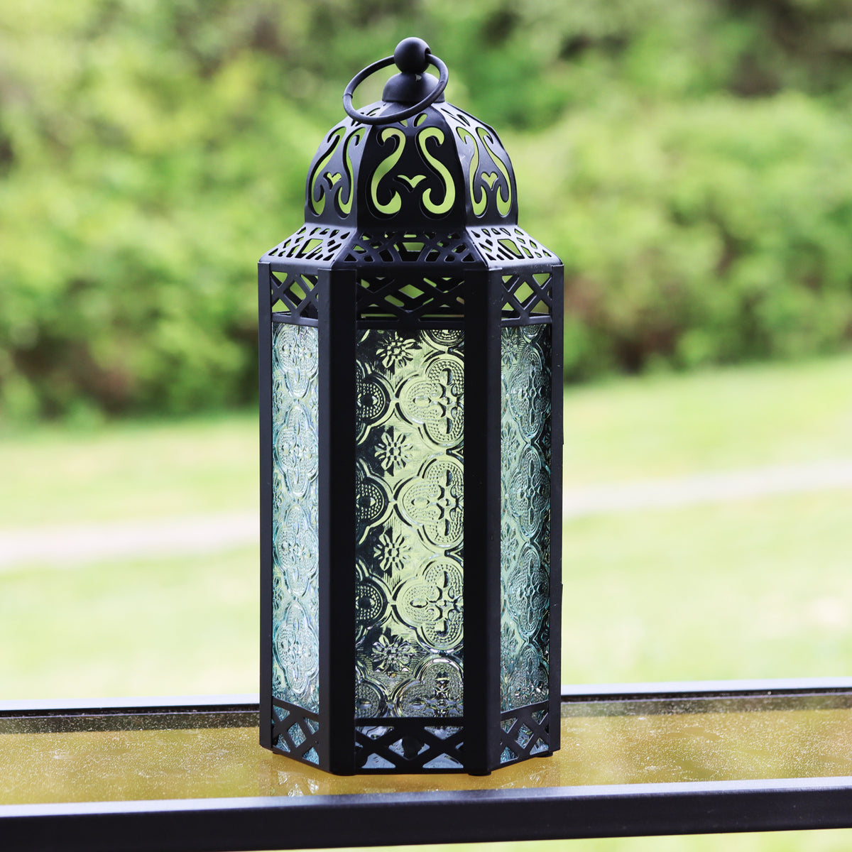 Moroccan Candle Lantern Holder Medium 10.5 Inch – Handcrafted Glass Iron Metal Lantern with Embossed Floral Panels, 17 Colors, Indoor Outdoor Use for Ramadan, Wedding, Patio, Diwali & Home Decor