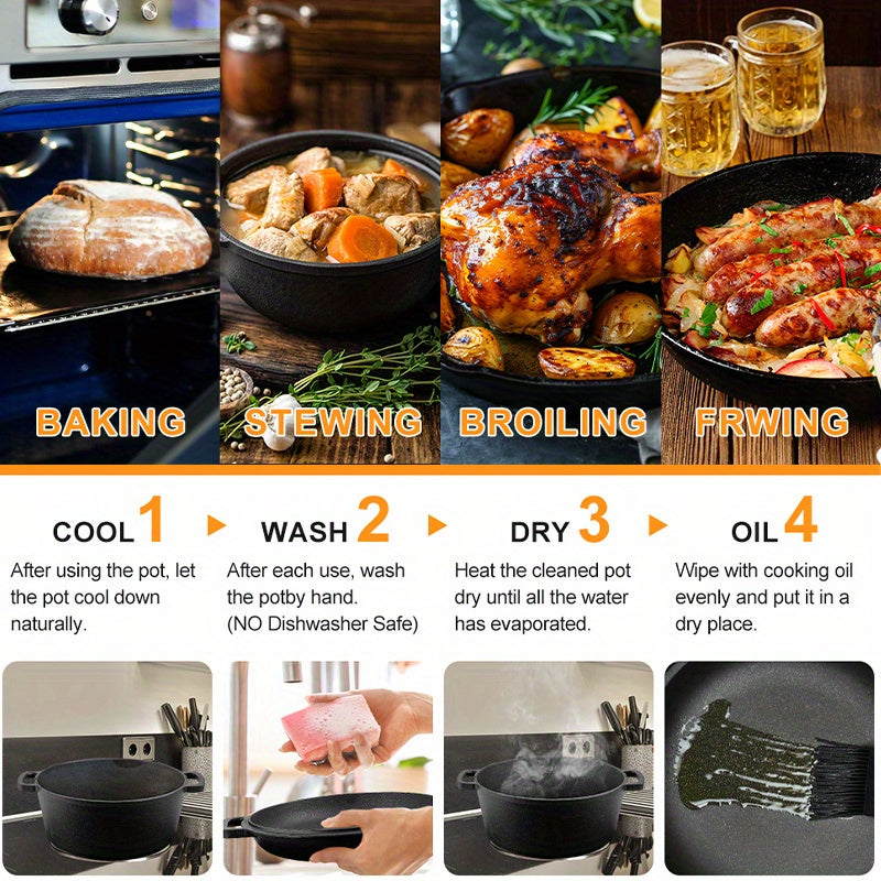 Cast Iron Dutch Oven Set 2-in-1 – 6.1QT Deep Pot & 1.9QT Frying Pan Lid, 6-Piece with Silicone Handles, Scraper & Iron Frame | Pre-Season Ready, Oven, Stove, BBQ & Induction Safe
