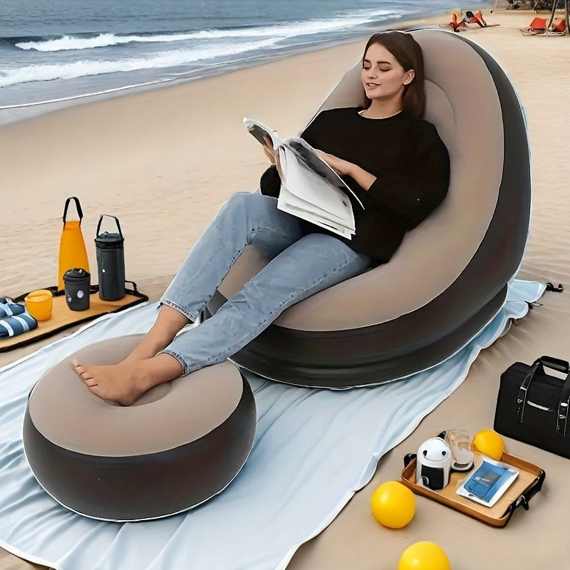 Inflatable Lounge Chair Recliner with Footrest & Foot Pump – Portable Air Sofa Couch for Living Room, Camping, Travel & Balcony, Space-Saving Indoor Outdoor Lounger (6 Colors)