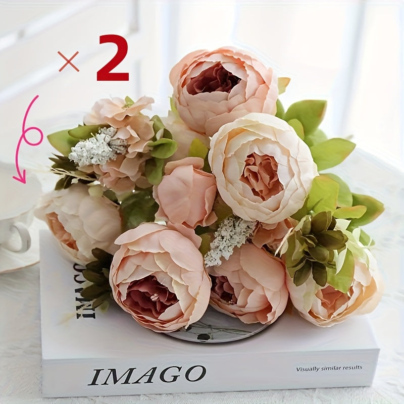 Artificial Peony Flowers 2 Bundles 26 Branches Lifelike Champagne Light Pink Fake Flower Bouquet – Wedding Home Decor French Country Floral Arrangement