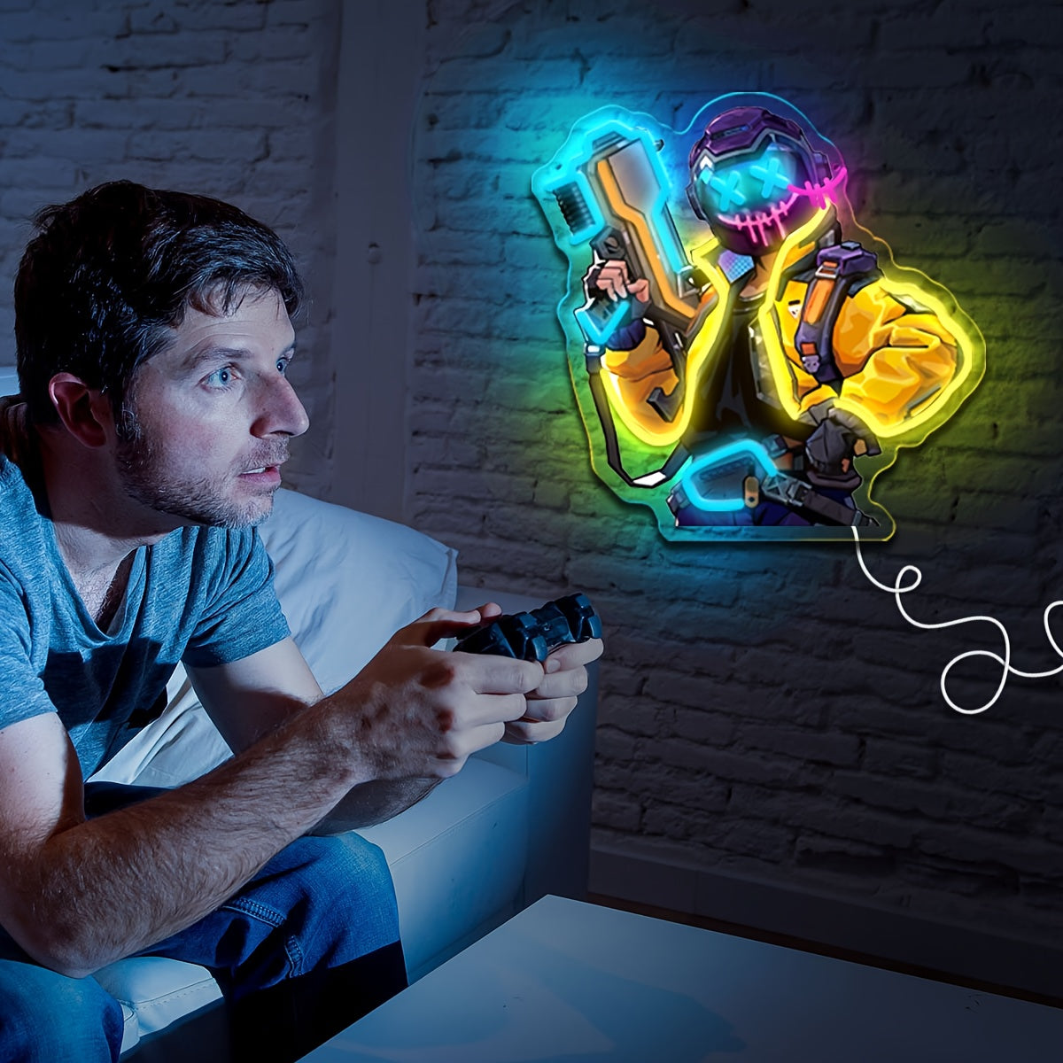 Neon Marksman LED Wall Art Sign UV Printed USB Powered – Glowing Gun Wall Decor for Game Room, Bar, Man Cave & Bedroom – Colorful or Yellow