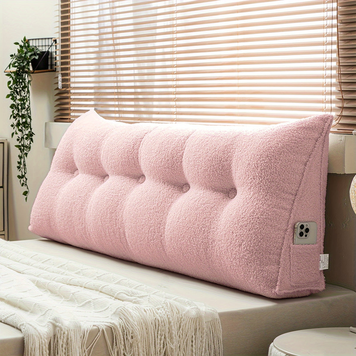 Wedge Headboard Pillow with Side Pocket Triangular Bed Reading Backrest Bolster, Teddy Velvet Removable Washable Cover Bed Gap Filler for Twin Queen King, 7 Colors