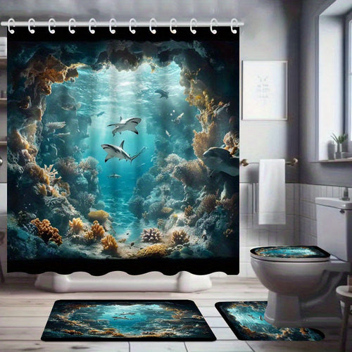 4pcs Shark Ocean Bathroom Set Shower Curtain 71x71 Inch Toilet Lid Cover U-Shape Mat - Underwater Cave Beach Theme Bath Decor for Kids Adults | Nuvia Haven