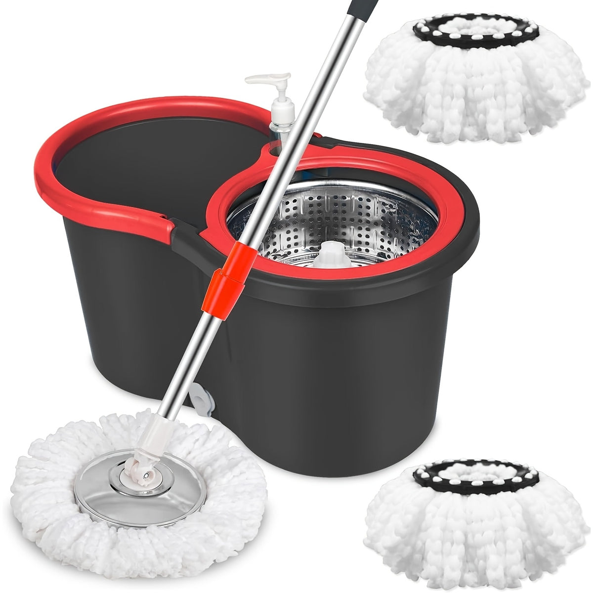 Spin Mop & Bucket with Wringer Set – Large No-Bend No-Splash Floor Mop with Dual Refills, Black Red or Mint Green