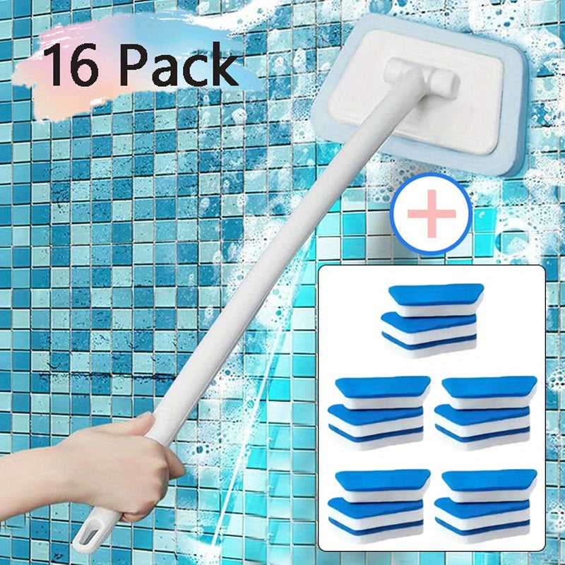 2-in-1 Bath Scrubber & Squeegee 16-Piece Cleaning Brush System with 22" Handle – 90° Rotating Head, Replaceable Sponge, Nylon Bristles for Bathroom, Kitchen, Patio & Outdoor Surfaces