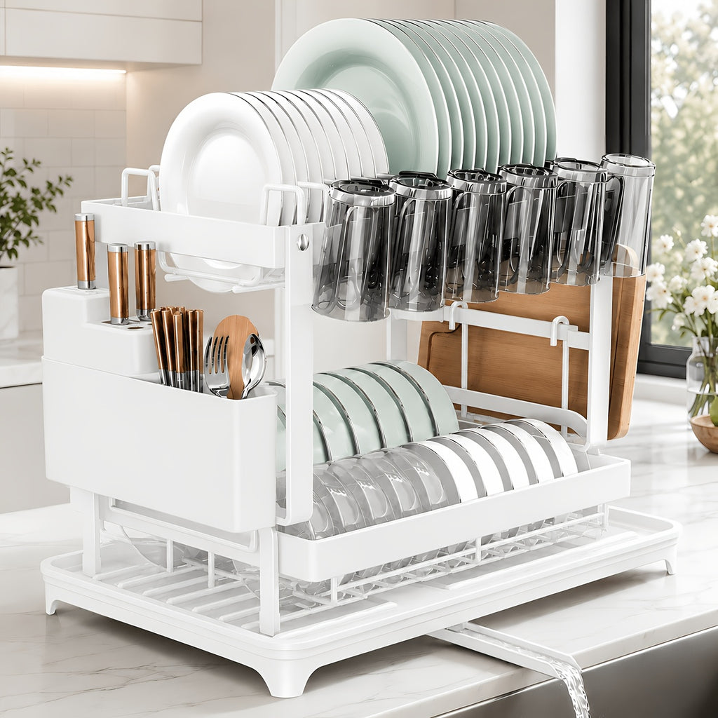 2-Tier Dish Drying Rack with Drainboard – Black Metal Two-Level Dish Drainer with Drainage for Kitchen Counter, Standing Dish Holder Organizer Shelf for Plates, Cups & Utensils