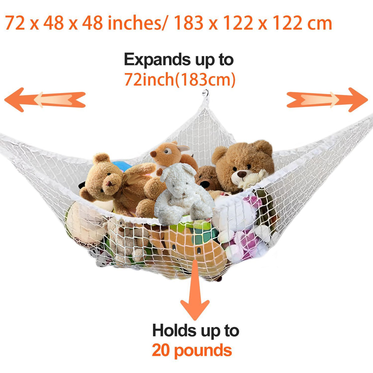 Jumbo Corner Stuffed Animal Hammock with LED Warm Lights – 72x48x48" Mesh Plush Toy Storage Organizer with Hooks, Kids Room & Nursery Decor, Holiday Gift for Boys & Girls