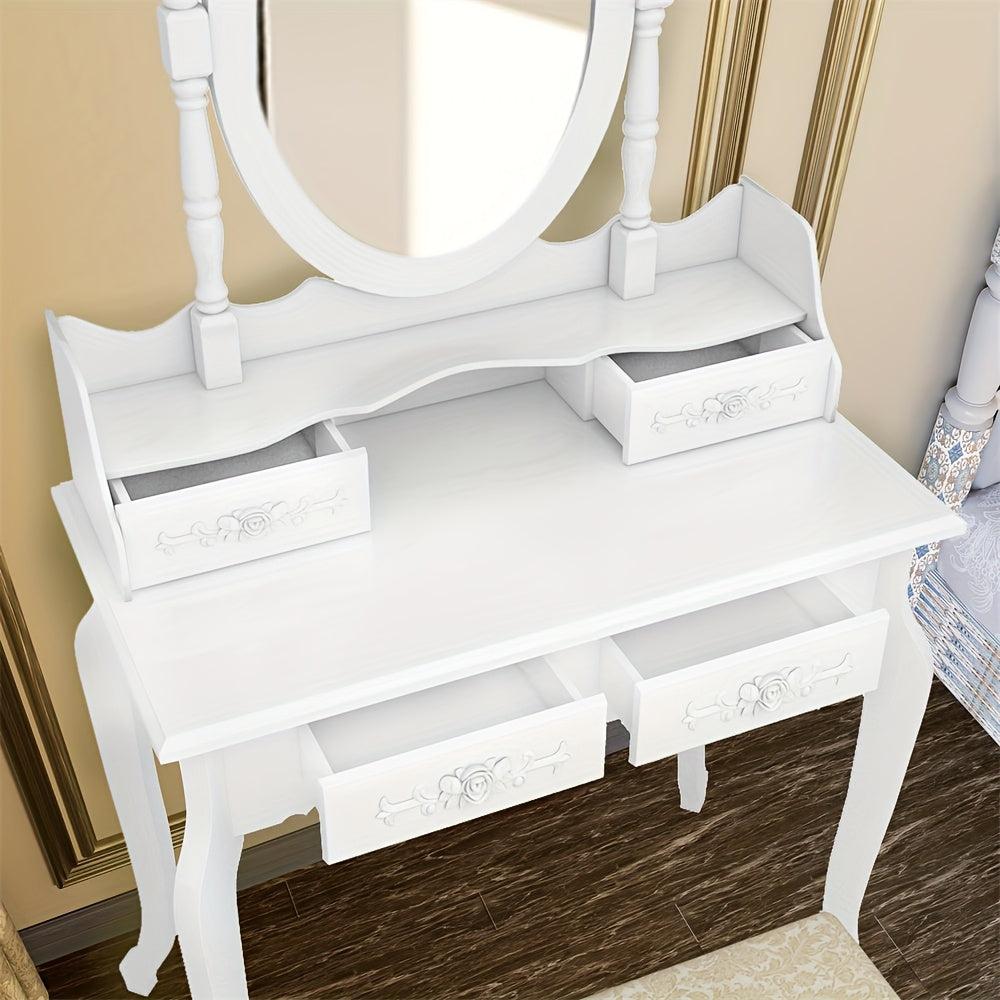 Vanity Desk with Mirror and 4 Drawers 360° Rotating Detachable Dressing Table with Stool – Modern White Makeup Table for Bedroom